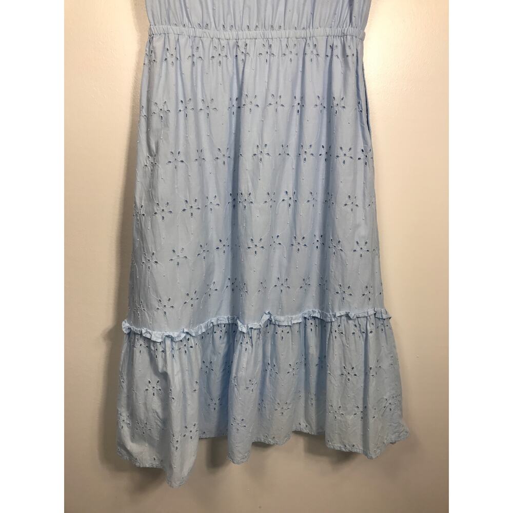 J. Crew Midi Dress Women's 8 Blue V Neck Puff Sleeve Eyelet Tiered Feminine - Picture 11 of 15
